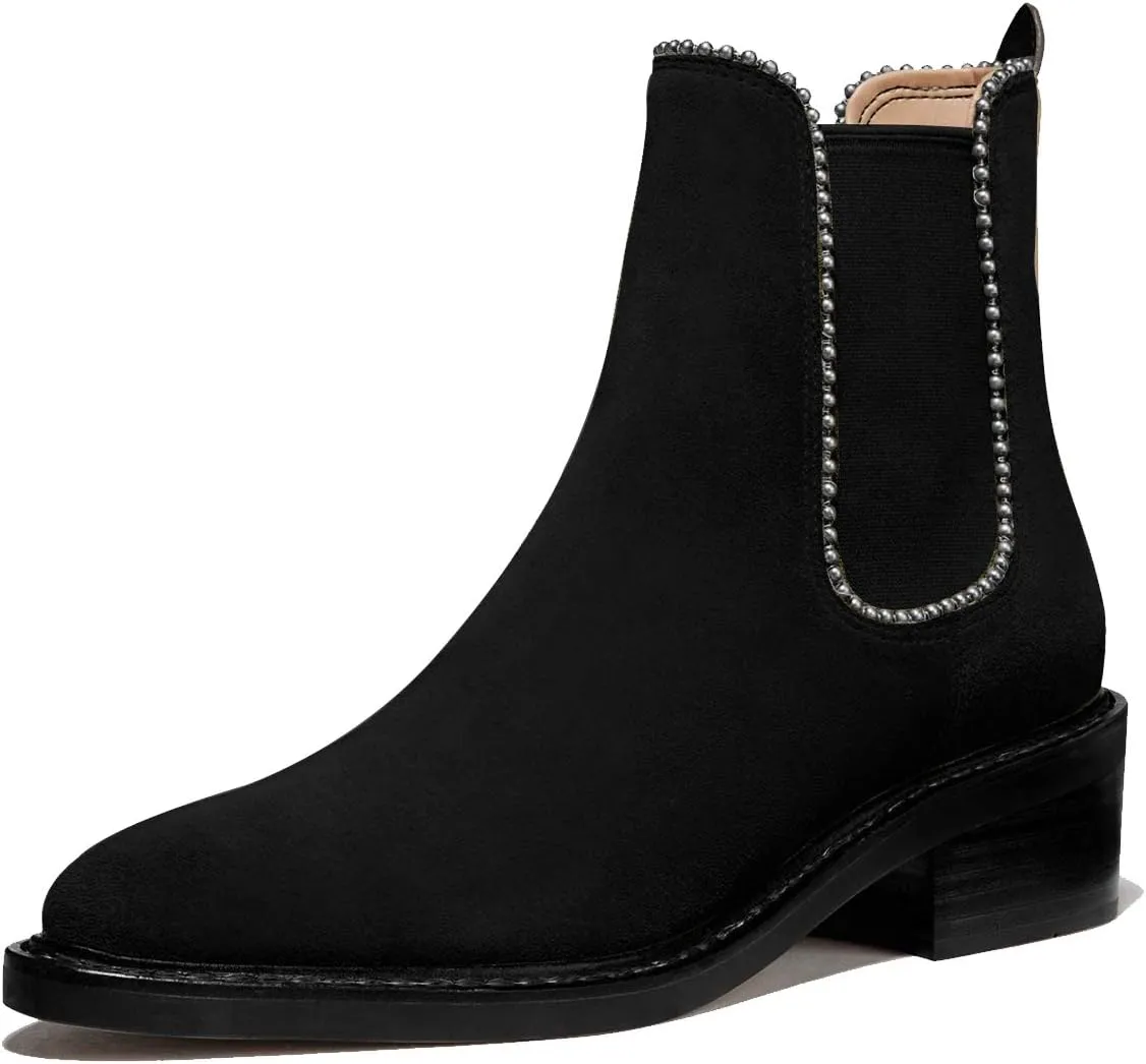 YDN Women Classic Stacked Block Low Heel Chelsea Boots Pointed Toe Studs Pull On Booties Elastic Winter Shoes