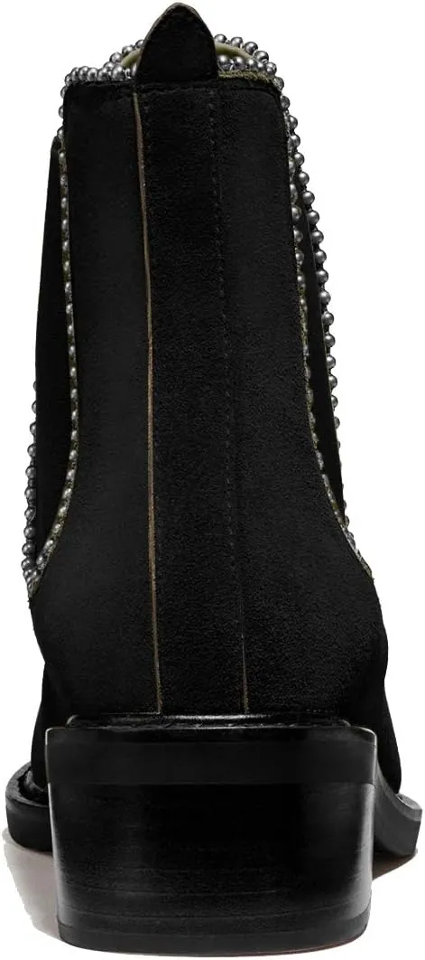 YDN Women Classic Stacked Block Low Heel Chelsea Boots Pointed Toe Studs Pull On Booties Elastic Winter Shoes