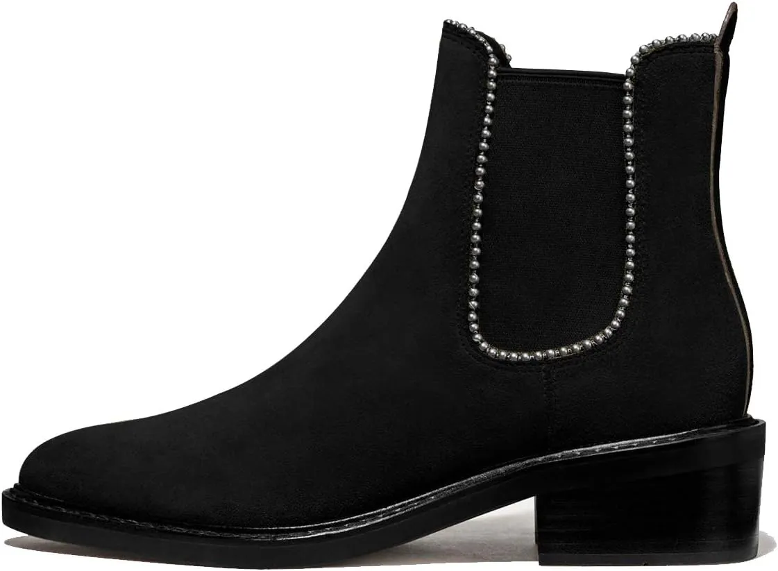 YDN Women Classic Stacked Block Low Heel Chelsea Boots Pointed Toe Studs Pull On Booties Elastic Winter Shoes