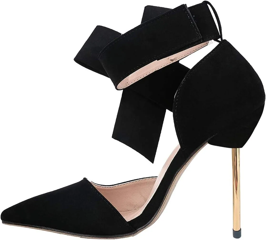YDN Women D'Orsay Comfy Bows Ankle Strap High Stiletto Heels Closed Point Toe Classic Buckle Up Dance Ballroom Pumps