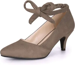 YDN Women Stylish Ankle Strappy Tie Up Kitten Low Heels Pumps Classic Closed Pointed Toe Slip On Dress Shoes