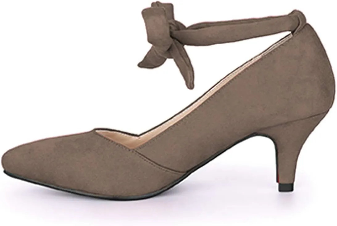 YDN Women Stylish Ankle Strappy Tie Up Kitten Low Heels Pumps Classic Closed Pointed Toe Slip On Dress Shoes