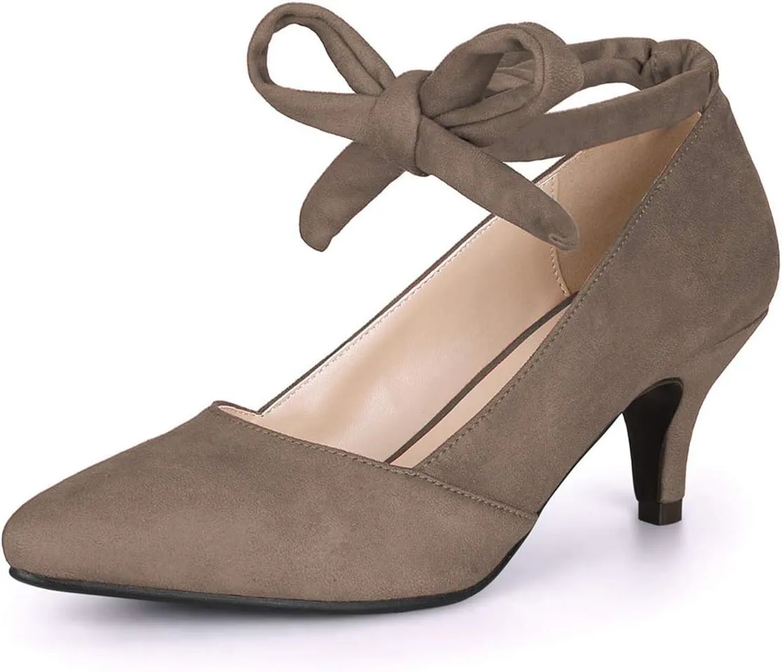 YDN Women Stylish Ankle Strappy Tie Up Kitten Low Heels Pumps Classic Closed Pointed Toe Slip On Dress Shoes