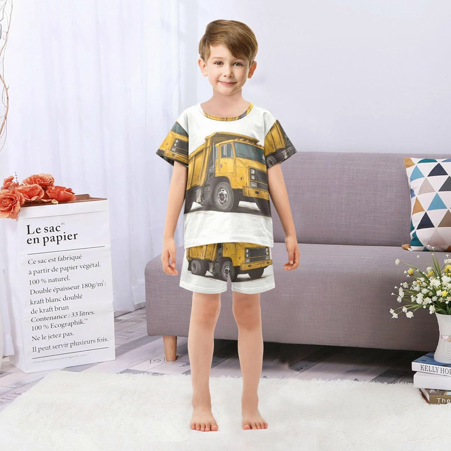 Yellow Garbage Truck Car Summer Pajamas Short Set 2 Piece Sleepwear