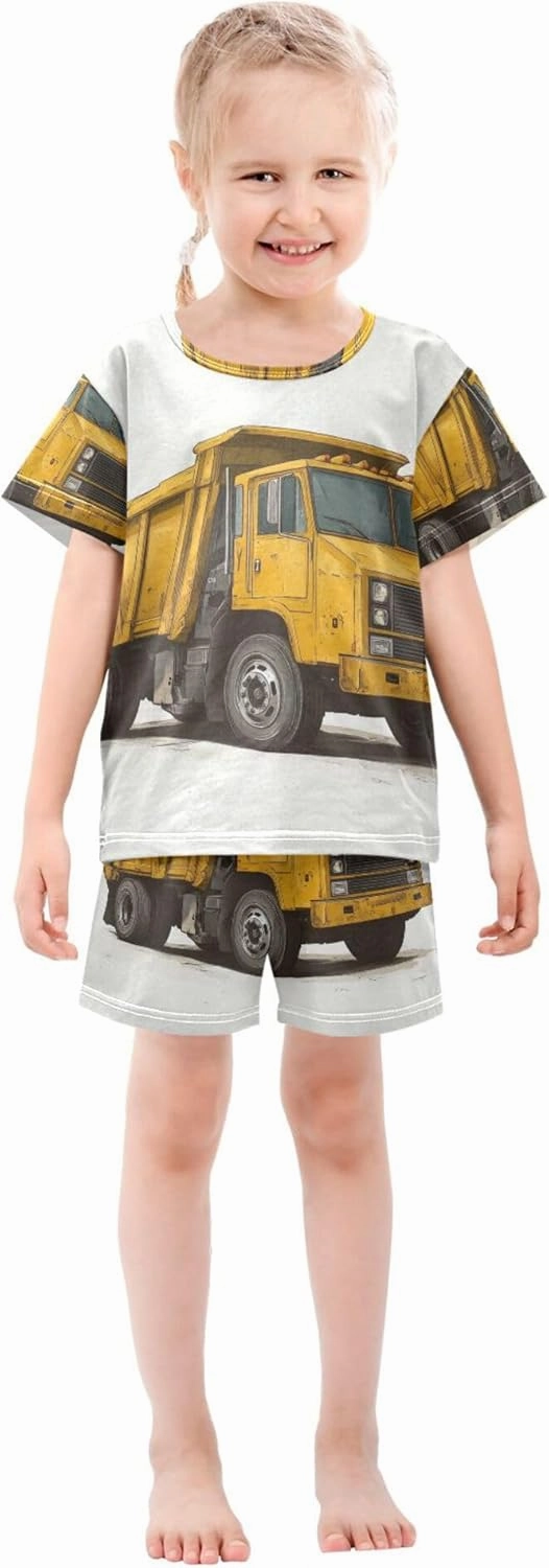 Yellow Garbage Truck Car Summer Pajamas Short Set 2 Piece Sleepwear