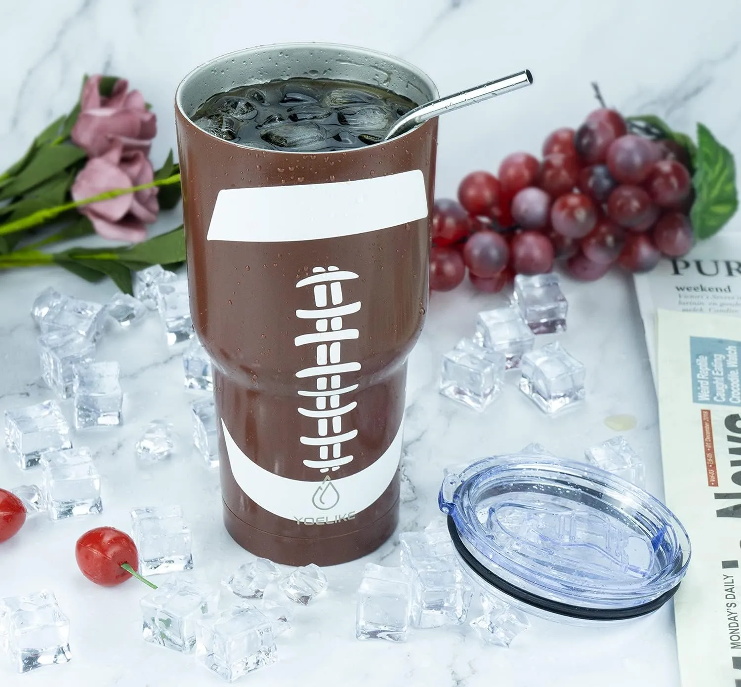 yoelike Football 30 oz tumbler with lid and straw, Stainless Steel, Vacuum Insulated Iced Coffee Tumbler Cup, Leak-Proof Travel Mug, Gift Box For Coach Fan Dad Mon Women Men