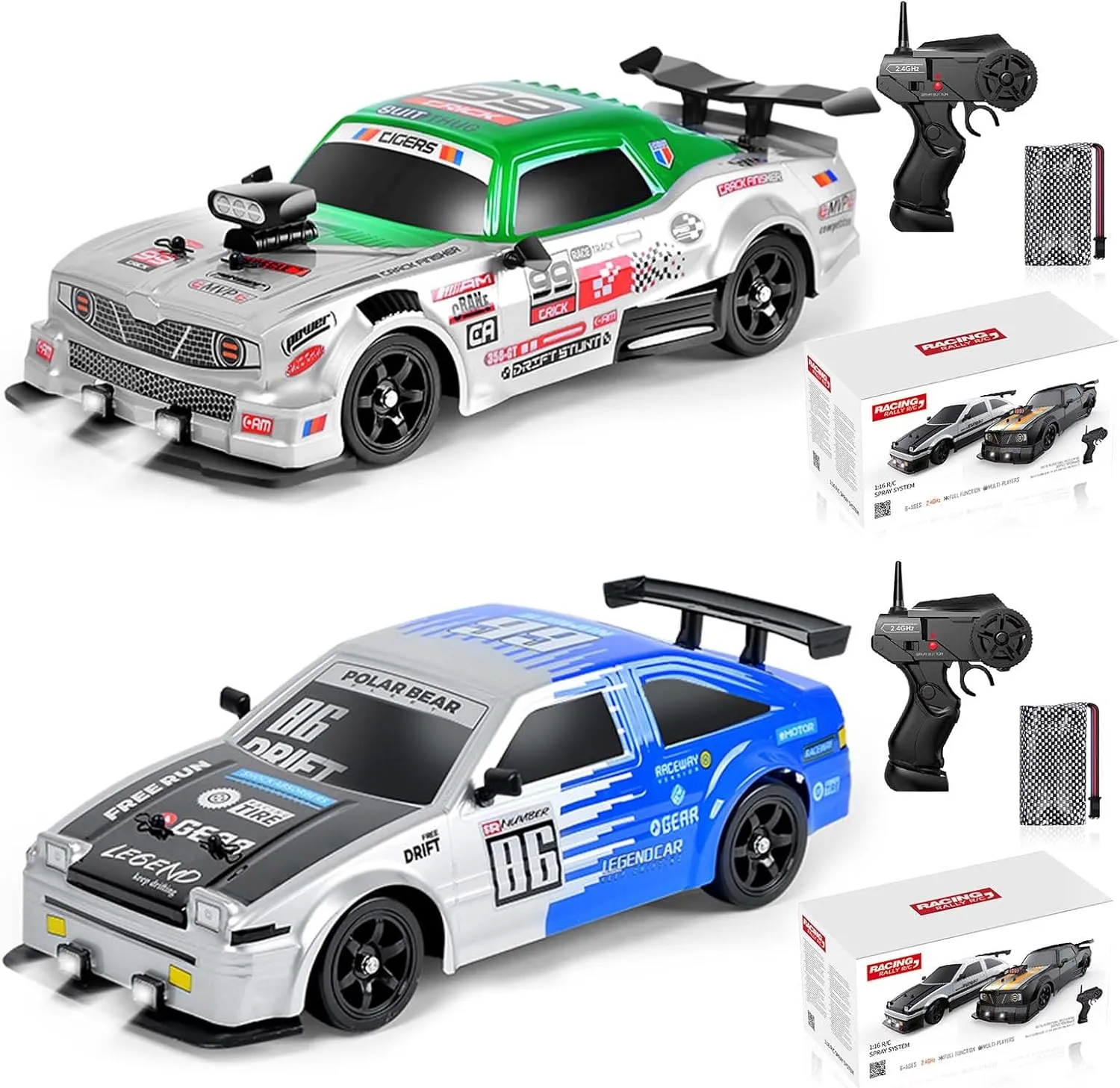 YUZ 2PCS Remote Control Car RC Drift Car 1/16 Scale 4WD 18KM/H High Speed RC Car 2.4GHz with LED Lights Spray Racing Toy Car for Adults Boys Girls Kids Birthday Rechargeable Batteries