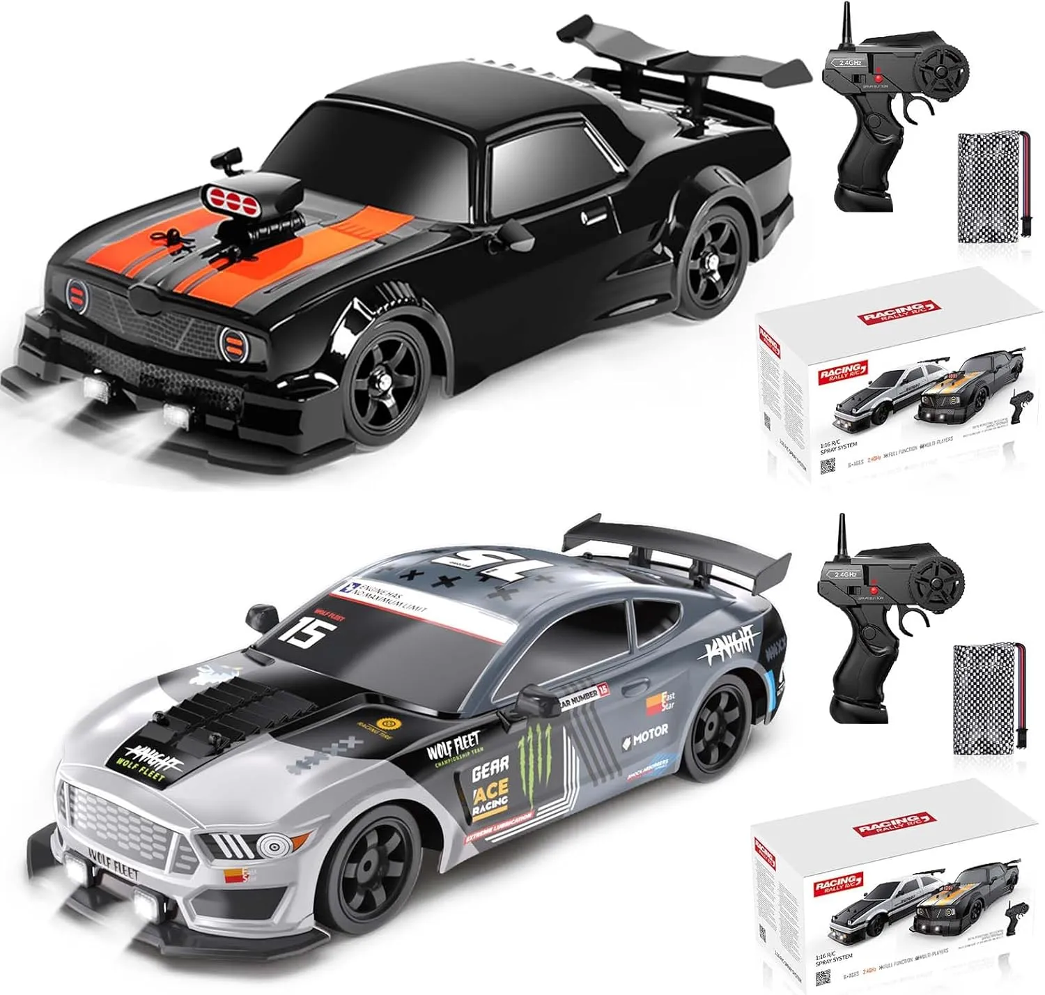 YUZ 2PCS Remote Control Car RC Drift Car 1/16 Scale 4WD 18KM/H High Speed RC Car 2.4GHz with LED Lights Spray Racing Toy Car for Adults Boys Girls Kids Birthday Rechargeable Batteries