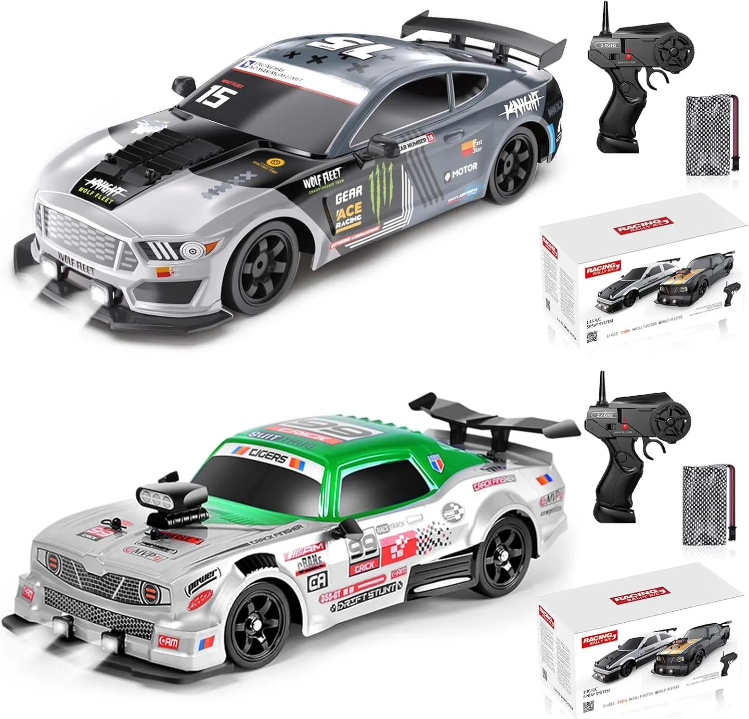 YUZ 2PCS Remote Control Car RC Drift Car 1/16 Scale 4WD 18KM/H High Speed RC Car 2.4GHz with LED Lights Spray Racing Toy Car for Adults Boys Girls Kids Birthday Rechargeable Batteries