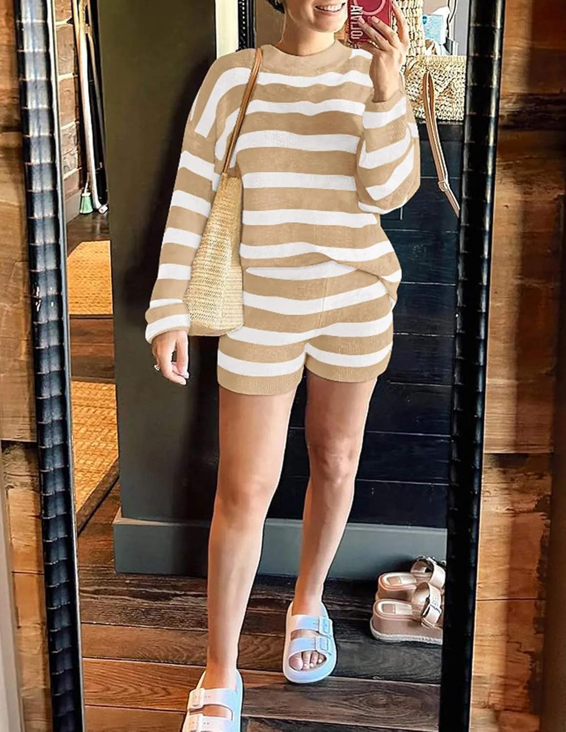 ZESICA Striped Lounge Sets for Women 2 Piece Oversized Outfits Long Sleeve Tops and Shorts Sweater Pajama Set