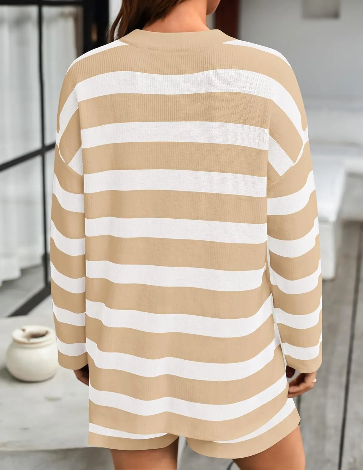 ZESICA Striped Lounge Sets for Women 2 Piece Oversized Outfits Long Sleeve Tops and Shorts Sweater Pajama Set