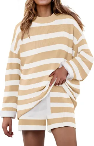 ZESICA Striped Lounge Sets for Women 2 Piece Oversized Outfits Long Sleeve Tops and Shorts Sweater Pajama Set