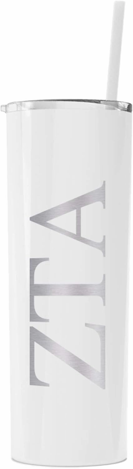 Zeta Tau Alpha Greek Letter Skinny Tumbler with Straw (White)