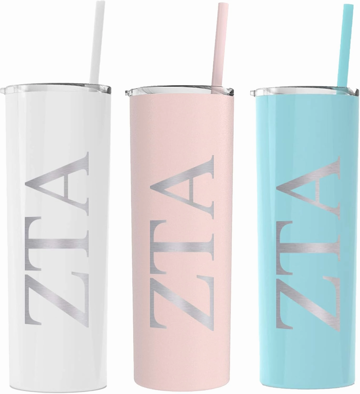 Zeta Tau Alpha Greek Letter Skinny Tumbler with Straw (White)