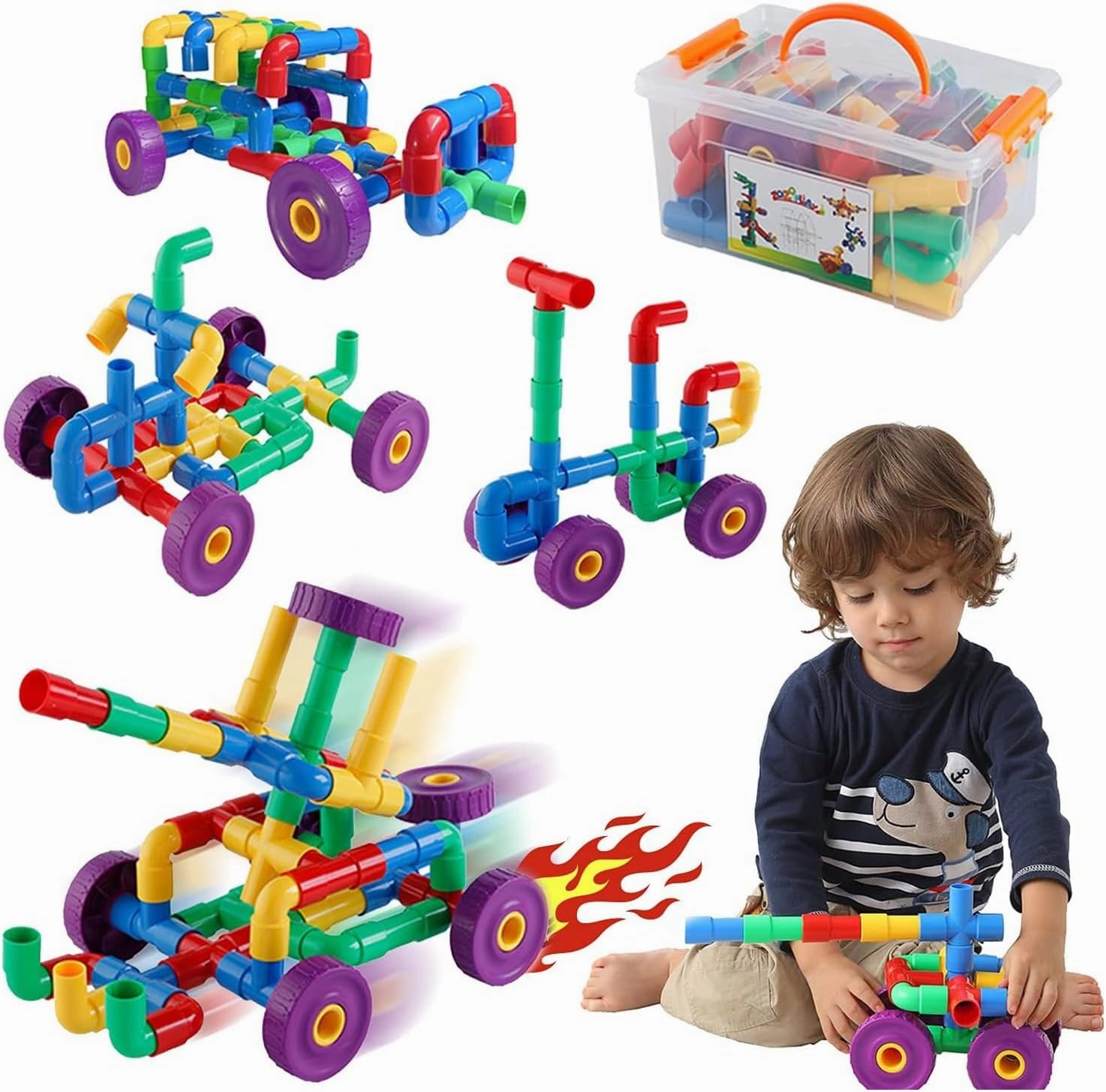 ZOZOPLAY STEM Learning Toy Tubular Pipes & Spouts & Joints 96 Piece Build Bicycle, Tank, Scootie, Moter Skills Endless Designs Educational Building Blocks Set for Kid Ages 3  Multicolor